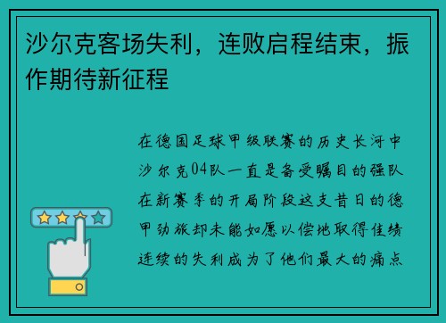 沙尔克客场失利，连败启程结束，振作期待新征程